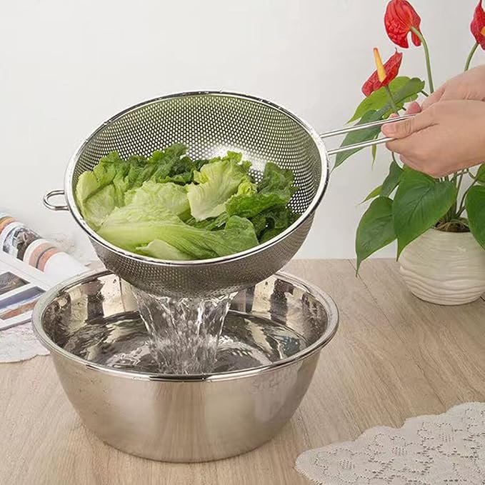 Stainless Steel Colander Fine Mesh Colander with Long Handle Micro-Perforated Colander Metal Strainer Kitchen Food Strainer for Fried Food Vegetable Fruit