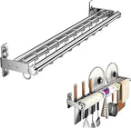 Hanging Wall Mount knife Wall Mount, Kitchen Organizer Storage Shelf for Utensils Spatula Spoon, Space-Saving Knife Rack with Hooks,Wall-Mounted Utensil Holder (Silver, 40CM+Three Poles+6Hooks)