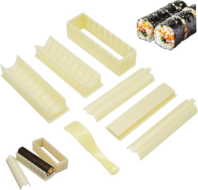 Sushi Making Kit(7Pcs) Square, Round & Heart Shaped Sushi Mold with Spoon & Even Slot for Easy Cutting Plastic Maker for Household, Commercial, Tools Gadget Sets