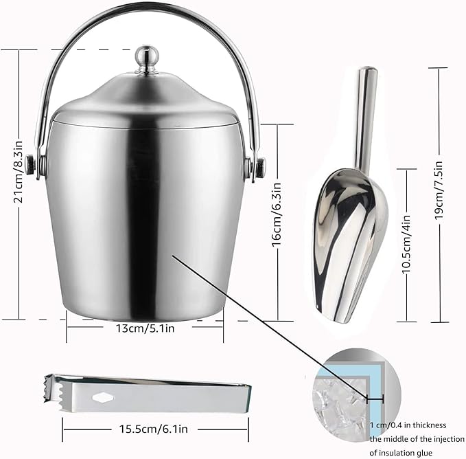 Ice Bucket with Lid, Scoop, IceTong,Stainless Steel Double-Wall Wine Ice Buckets for Parties,Beer and Wine Bucket,Bucket for Ice Chilling Champagne,2L