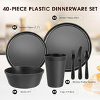 40 Piece Plastic Dinnerware Set for 8 with Cutlery, Unbreakable Plates and Bowls Set, Dishwasher & Microwave Safe Reusable Dish Set for Camping, RV, Outdoor Kitchen, Apartment Dining, Black
