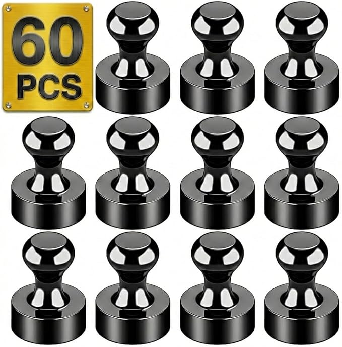 Tiergrade Metallic Magnets, Refrigerator Magnets, 60 Pack Black Magnetic Push Pins, Strong Fridge Magnets, Multi-use Whiteboard Magnets Perfect for Kitchen Office Classroom