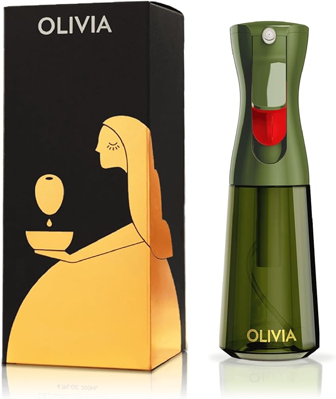 FLAIROSOL OLIVIA SIGNATURE Advanced Kitchen Oil Sprayer Technology, Fine Mist & Portion Control, Refillable Glass Olive Oil Cooking Spray Bottle for Air Fryer, Salad, BBQ, 200ml (Green, Gold)