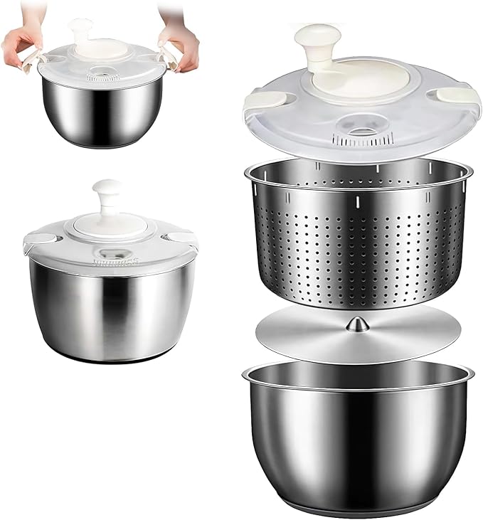 Stainless Steel Salad Spinner, 6L Multi-Use Lettuce Spinner with PP Lid, Large Vegetable Washer with Non-Slip Base, Fruit Washer，Vegetable Dryer