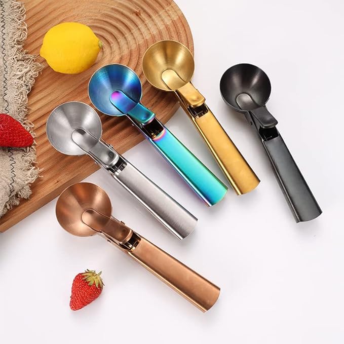 Ice Cream Scoop, 2Pcs Stainless Steel Silver Cookie Scoop with Trigger Melon Baller Scooper Cones, Specialty Tools and Gadgets, Ice Cream Spoon Food Scoop for Frozen Yogurt Sundaes Fruit Cookie