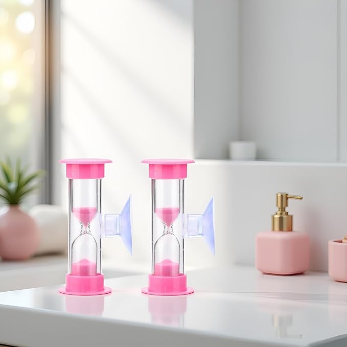2Pcs Pink 2 Minute Plastic Sand Timer Hourglass Sand Clock with Suction Cup Time Funnel Shower Timer Tooth Brushing Time Reminder Timers Thermometers Kitchen and Dining