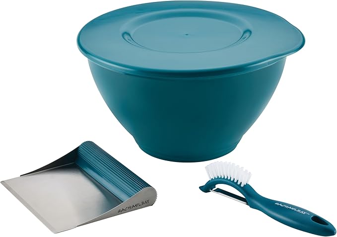 Rachael Ray Tools and Gadgets Kitchen Prep, Garbage Bowl with Lid, Bench Scrape, Veggie Peeler, 4 Piece Food Prep Set - Marine Blue