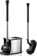 HAMITOR Toilet Plunger and Brush Set: 2 in 1 Stainless Steel Rustproof Combo with Deep Cleaning Curved Bristles - Heavy Duty Toilet Unclogging for Family Bathroom - Compact Apartment Accessories