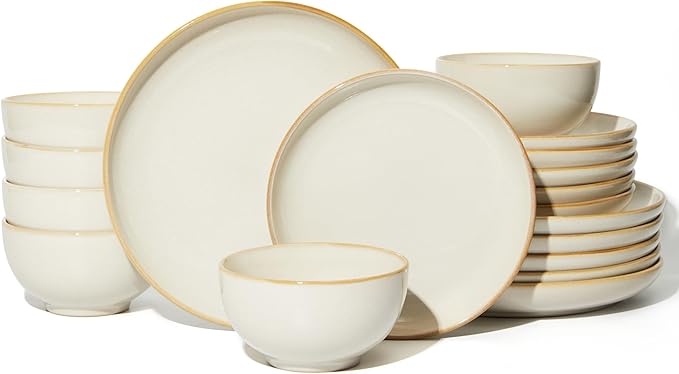 Pokini Stoneware Dinnerware Sets for 6, 18 Piece Microwave Safe Plate and Bowl Set, Easy to Clean & Durable Dishes Sets for Small to Medium Families, Yellow White