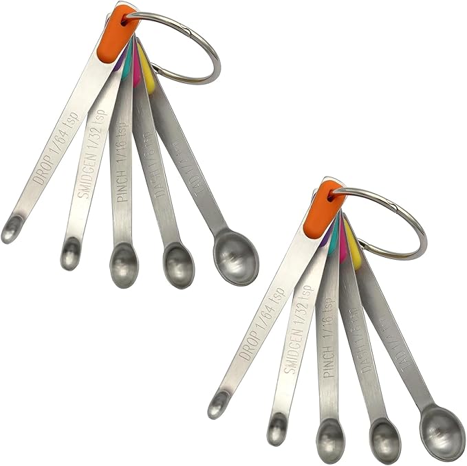 2Pack Mini Measuring Spoons Set, Tiny Stainless Steel Measure Teaspoons with Silicone Handle, Suitable for Small Amount of Dry or Liquid Ingredients (1/64, 1/32, 1/16, 1/8, 1/4 tsp)