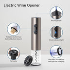 Rechargeable Wine Opener by ELMWAY, Electric Wine Bottle Opener with Foil Cutter, LED Light and Stainless Steel Shell, Cordless Corkscrew & Cork Remover, Gifts for Wine lover- Black