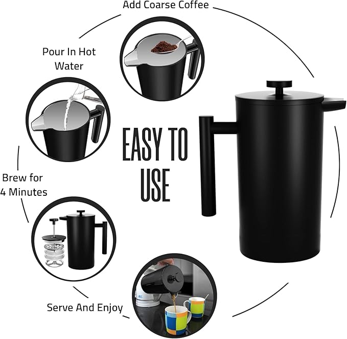 Utopia Kitchen 304 Grade Stainless Steel French Press Coffee Maker 34 Oz, Double Wall Insulated Coffee Press with 4-Level Filtration system, Include 2 Extra Filters, Rust-Free, Black