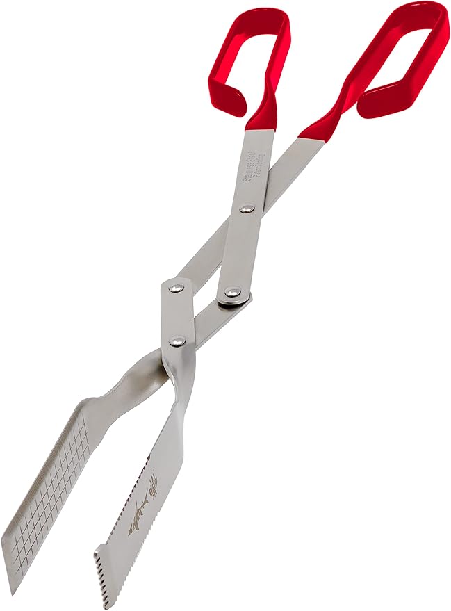 Shark BBQ Steak Grill Tongs - 17 inch Red. Professional outdoor grilling utensil. Long reach Barbeque Grilling Tongs. Ideal for steak, fish, burger, and sausage