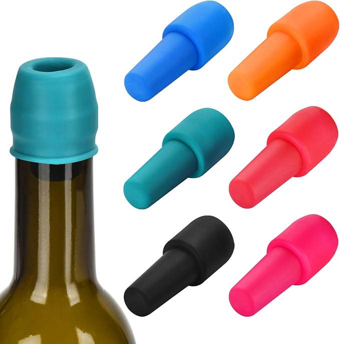 6 Pack Silicone Wine Stopper, Wine Stoppers for Wine Bottles, Wine Seal Stopper Can Be Reused to Keep Wine Fresh, by Brusoon (Multicolor)
