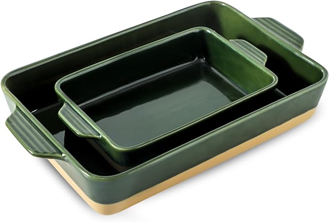 Ceramic Baking Casserole Dish with Handles, Large 9x13 inch Pan and Middle Baking Pan - Porcelain Serving Bakeware Set (Forest Green)