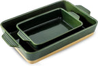 Ceramic Baking Casserole Dish with Handles, Large 9x13 inch Pan and Middle Baking Pan - Porcelain Serving Bakeware Set (Forest Green)