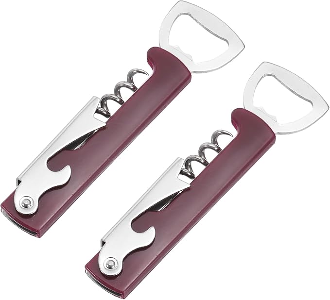uxcell 2 Pcs Wine Opener, Bottle Opener, Durable Stainless Steel Waiter's Corkscrew, Compact All-In-One Home Bar Tool for Bar, Party, Wedding, Home, Travel, Dark Red
