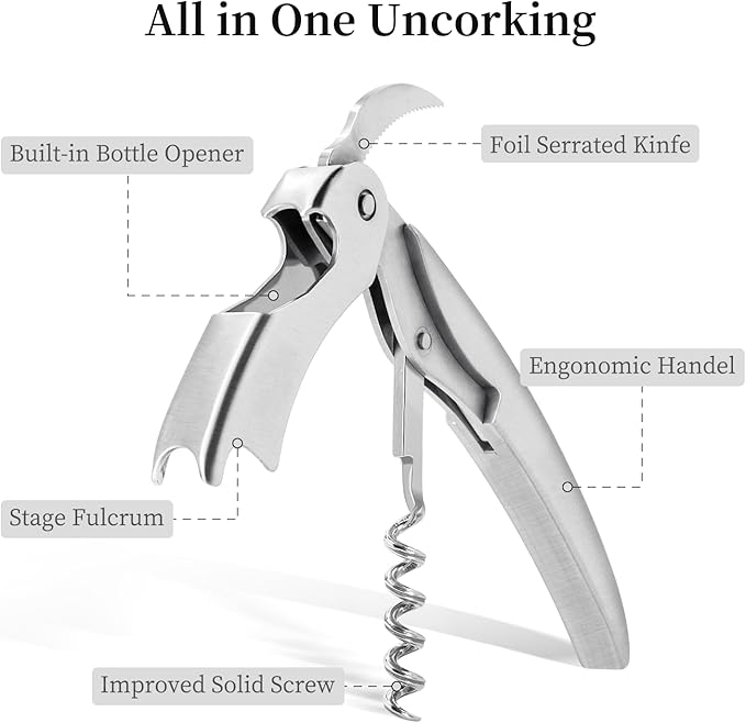 Sleek Waiter’s Corkscrew by ELMWAY - Stainless Steel Manual Wine Opener with Foil Cutter & Beer Bottle Opener, Durable Wine Key with Genuine Leather Case & Gift Box for Wine Lover