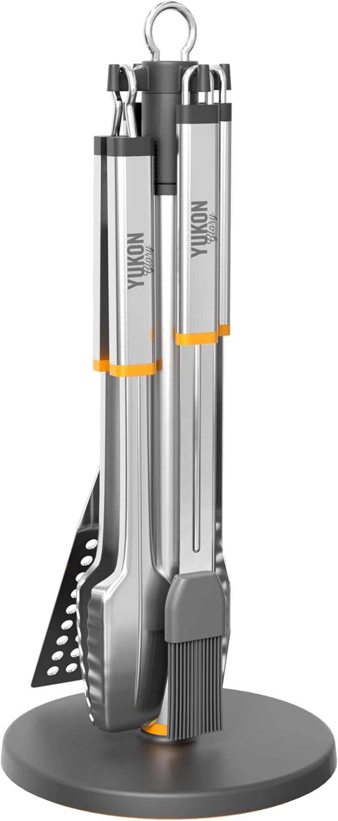 Yukon Glory Stainless Steel BBQ Tool Set with Rotating Stand & Drip Pan – Complete Grill Tool Kit with Spatula, Tongs, Fork & Brush – Durable, Easy to Clean – Great Gift for Men Who Love Grilling