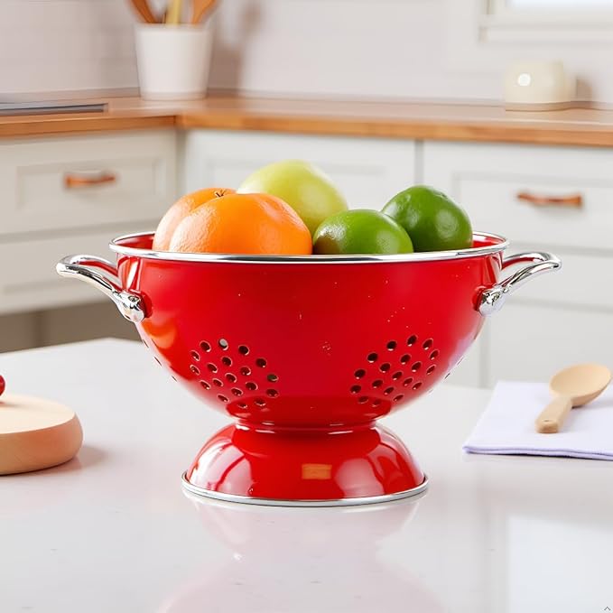 Reston Lloyd Calypso Basics Extra Large Enameled Colander with Solid Base, Strainer Basket with Handles, for Pasta, Berries, Vegetables, Fruit, Red, 7 Quart (224oz/ 6.6 L)