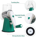 Cambom Rotary Cheese Grater Hand Crank Cheese Shredder for Fresh Cheese, Vegetable, Nuts,Non-slip Suction Base, Free Cleaning Brush Three Blades, Deep Green