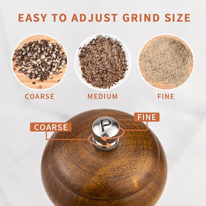 XWXO Wood Salt and Pepper Grinder Set, Salt Mill Pepper Grinder Set, Pepper Mill, Salt Shakers with Adjustable Ceramic Rotor- Oak Wood Pepper Grinder for Your Kitchen 8 inches - Pack of 2