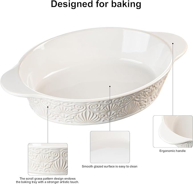 Dafuceramic Casserole Dishes for Oven Sets of 3, Ceramic Oval Baking Dish, Au Gratin Baking Pans with Handles for Roasting, Lasagna, Pie, Baking Meat & Vegetables (Beige White)