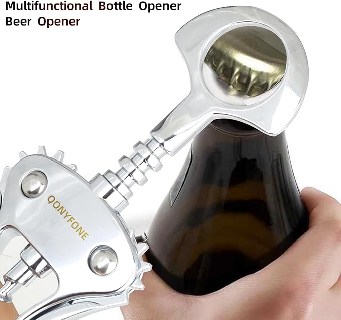 Wing Corkscrew Wine Opener, Premium Zinc Alloy Manual Bottle Opener, Heavy Duty Multifunctional Tool for Kitchen, Bar, Restaurant & Waiters (Aesthetic Silver)