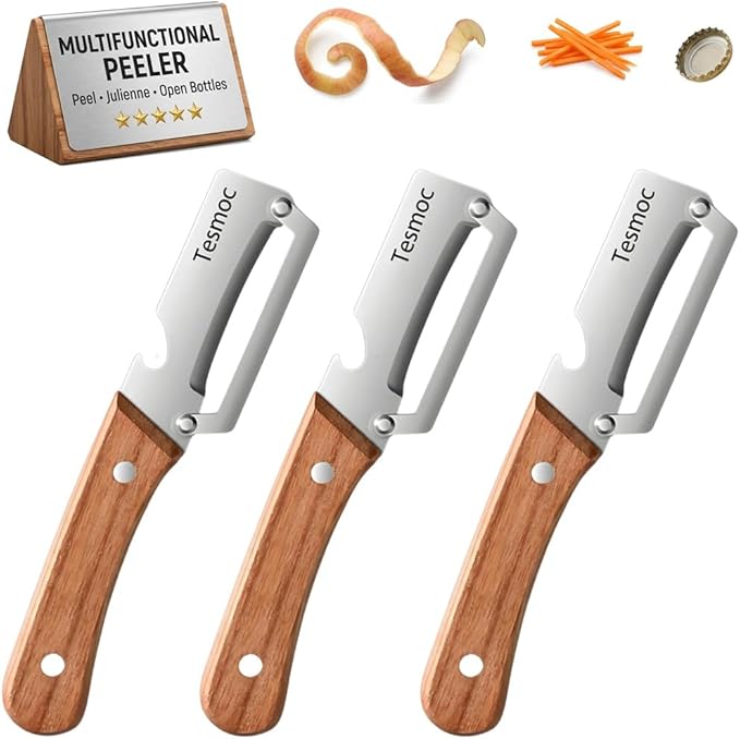 Multifunctional Fruit and Vegetable Peeler,Premium Stainless Steel Blade,Wooden Handle Hand Tool with Bottle Opener,Julienne Peeler for Potato,Cucumber,Orange,Pineapple,Veggie (3)