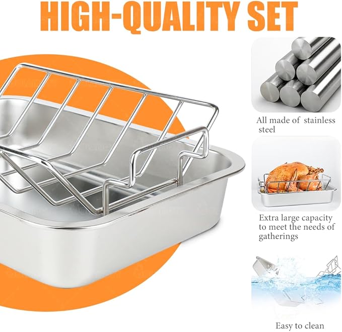 Turkey Roaster Roasting Rack with Pan, Stainless Steel Poultry Turkey Roasting Pan for Smoker Smoking and Grilling/Dual Purpose fit for Oven, Large Size Big Green Egg and Kamado Joe Etc