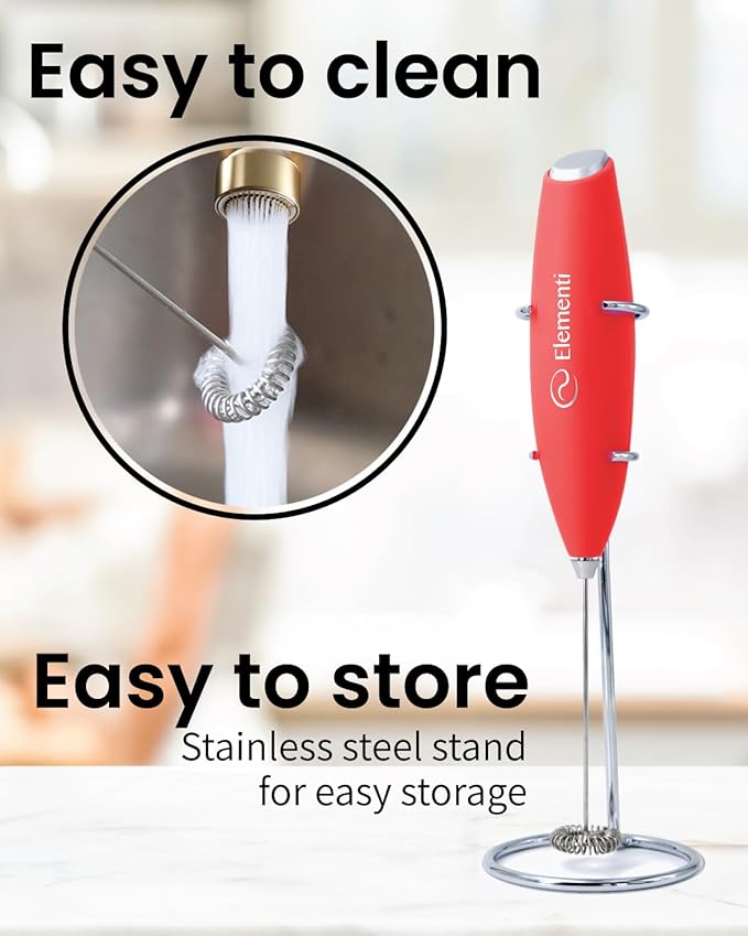 Elementi Electric Milk Frother Handheld, Matcha Whisk, Milk Foamer for Coffee Foamer Electric Handheld Drink Mixer, Electric Mini Whisk Small Hand Mixer, Frappe Maker (Red)