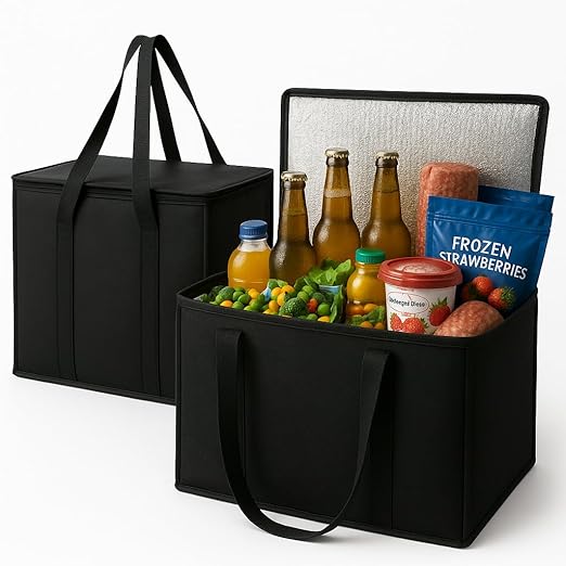 musbus 2-Pack, XL-Large Insulated Grocery Shopping Bags, Black, Reusable Bag,Thermal Zipper,Collapsible,Tote,Cooler,Food Transport hot and Cold,Camping