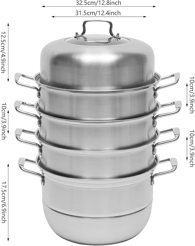 5-Tier Stainless Steel Steamer, 12.8 Inch Commercial Multi Tier Stainless Steel Cookware Pot Vegetable Meat Steamer Cooker Set w/Glass Lid for Steaming Shrimp & Miscellaneous Grains