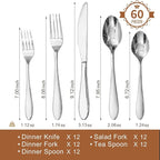 KINGSTONE 60-Piece Silverware Set for 12,18/10 Premium Stainless Steel Flatware Set, for Home, Restaurant, Wedding and Party Use, Mirror-Polished Cutlery Set, Dishwasher Safe