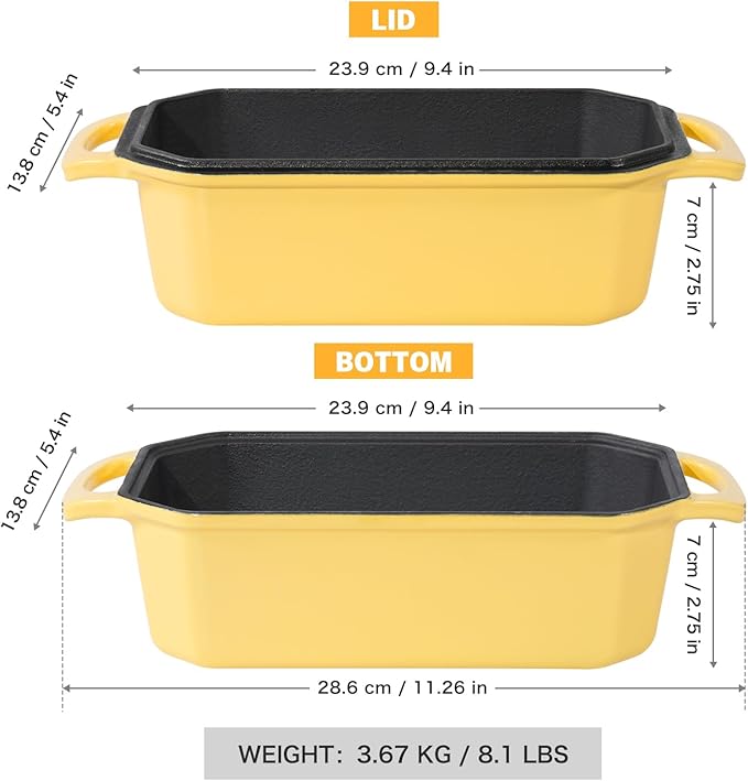 Flavehc Bread Pan Cast Iron Loaf Pan with Lid Bread Loaf Pan 8.5x4.5 Inch Loaf Pan Enameled Cast Iron Sourdough Loaf Pan, Yellow