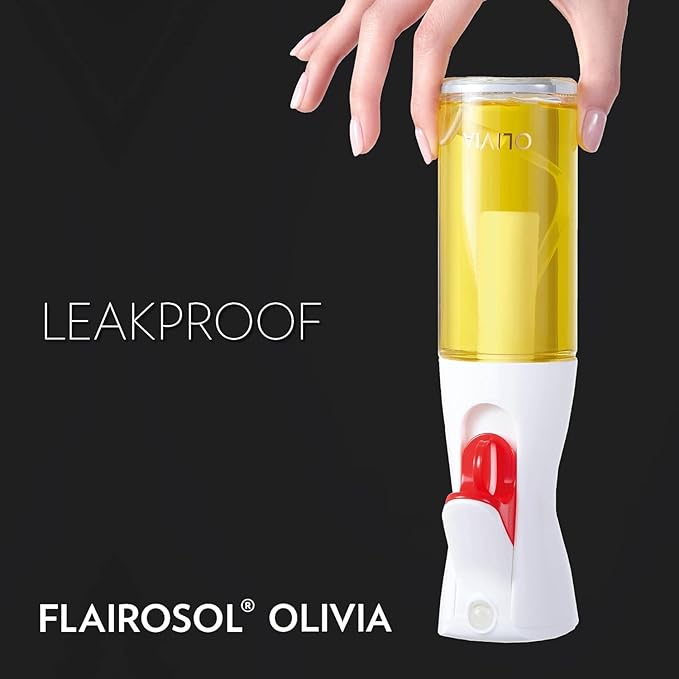 FLAIROSOL OLIVIA SIGNATURE Advanced Kitchen Oil Sprayer Technology, Fine Mist & Portion Control, Refillable Glass Olive Oil Cooking Spray Bottle for Air Fryer, Salad, BBQ, 130ml (Gold Print)