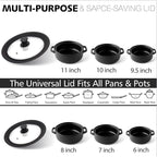 Anaeat Silicone Universal Lid for Pots, Pans and Skillets - Tempered Glass Covered with Heat Resistant Silicone Rim Fits All 6" to 11" Diameter Cookware -Easy to Use Replacement Frying Pan Cover