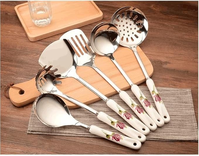 Ceramic Handles Cooking Tool Set Stainless Steel Kitchen Utensils Of Cookers Shovels Spoons(E)