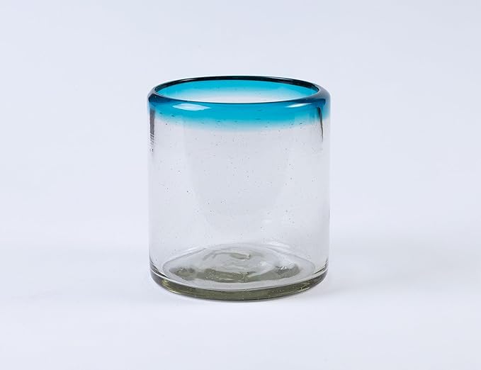 7 oz Hand Blown Mexican Drinking Glasses - Set of 2, 7 fl oz each, Aqua Rim