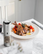 CIRCLE JOY Electric Salt and Pepper Grinder Set Stainless Steel Rechargeable Salt and Pepper Grinder Set, Variable Grinding Speed, External Adjustable Coarseness, Storage Base, White LED Light, Silver