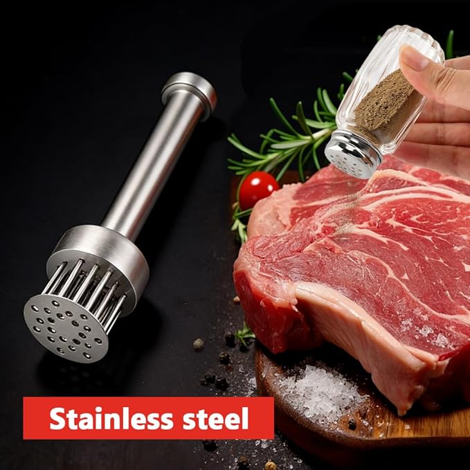 Stainless Steel Meat Tenderizer Tool, 21 Sharp Needles, Chicken Meat Tenderizer, Tenderizing Steak, Beef, Chicken, Pork, Barbecue, Marinating Prep Tool, with Cleaning Brush and Seasoning Jars