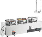VEVOR Electric Soup Warmer, Three 7.4QT Stainless Steel Round Pot 86~185°F Adjustable Temp, 1200W Commercial Bain Marie with Anti-dry Burn and Reset Button, Soup Station for Restaurant, Buffet, Silver