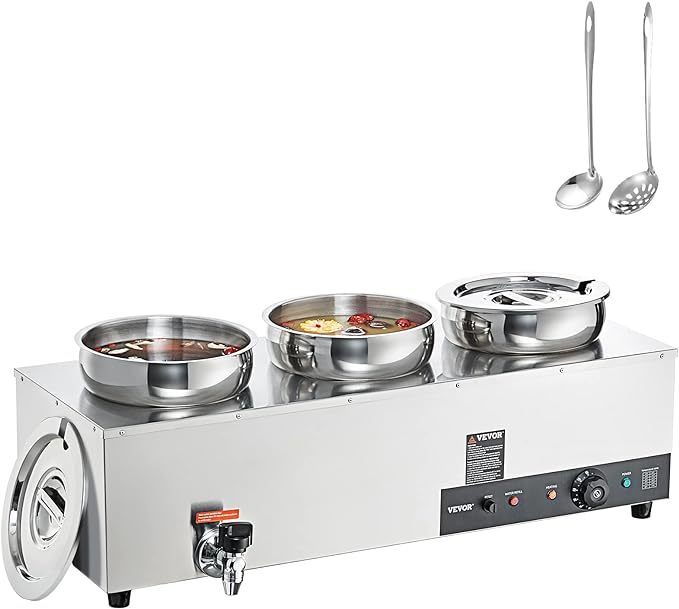 VEVOR Electric Soup Warmer, Three 7.4QT Stainless Steel Round Pot 86~185°F Adjustable Temp, 1200W Commercial Bain Marie with Anti-dry Burn and Reset Button, Soup Station for Restaurant, Buffet, Silver