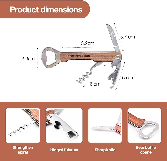 Multifunctional Corkscrews Wine Opener with Foil Cutter and Bottle Opener, Classic Wooden Wine Opener Corkscrew for Home Bar Tool, Idea Gift for Sommelier, Bartenders, and Wine Lovers