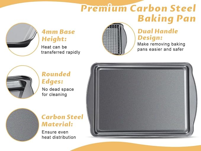 Baking Sheet with Cooling Racks - Carbon Steel Cookie Sheets for Baking [2 Sheets + 2 Racks], Nonstick Baking Pans, Perfect for Baking, Roasting, and More, Size 17 x 11 x 0.5 Inches