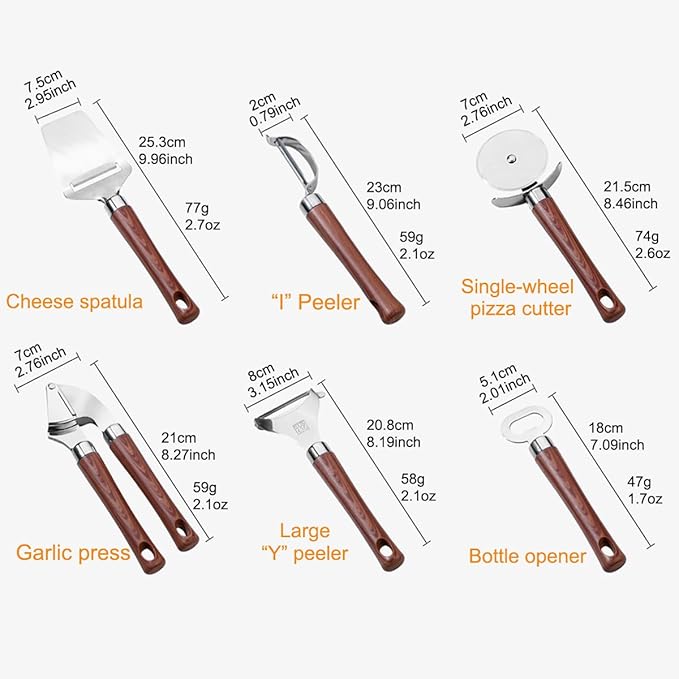 6-Piece Kitchen Tools and Gadgets Set with Wood Imitation Handle BRIIEC Stainless Steel Cooking Utensils Kitchen Accessories Includes Can Opener Garlic Press Peeler