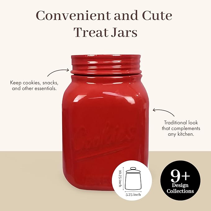 Young's Inc Red Ceramic Mason Jar, Unique Cookie Container with Lid, Multipurpose Ceramic Cannisters for Pet Treats, Candy, Snacks Storage