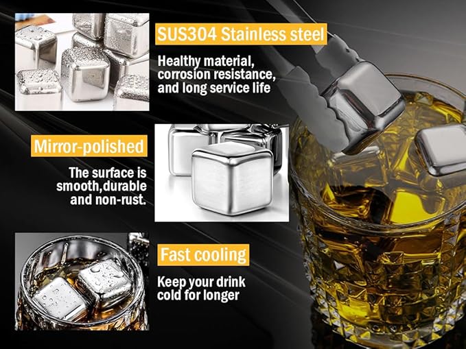 16-Piece Stainless Steel Ice Cubes, Whiskey Stones, Reusable Wine Stones, Silver, Drink Accessory, Bar Tool Set