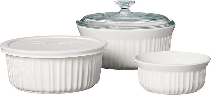 CorningWare French White 7-Pc Ceramic Bakeware Set with Lids Chip and Crack Resistant Stoneware Baking Dish, Microwave, Dishwasher, Oven, Freezer and Fridge Safe