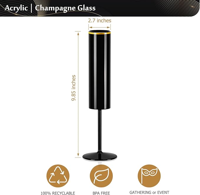 24 Pack Champagne Flute Acrylic 5.4 Oz Black Champagne Flutes Gold Rim Disposable Champagne Glasses Wedding Toasting Glasses Reusable Square Stemmed Wine Glasses for Wedding Christmas Halloween